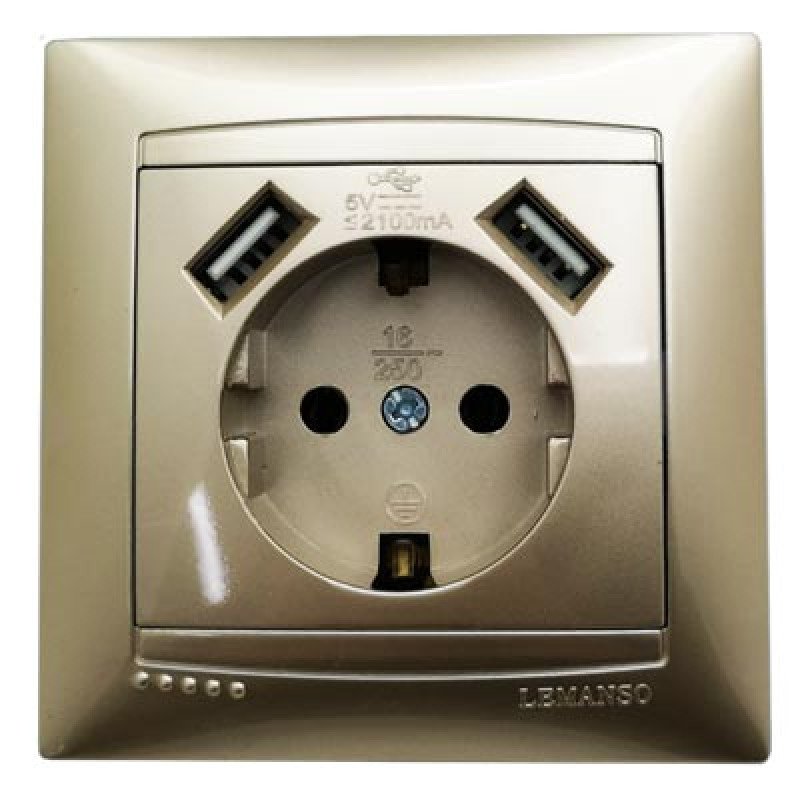 Розетка Lemanso Сакура 1-я с/з+2 гнезда USB золото
