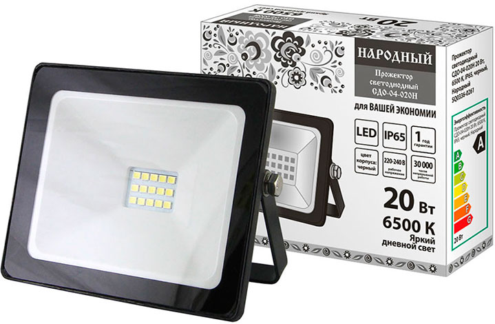 Прожектор СДО-04-020Н 20W 6500К IP65 черный народный