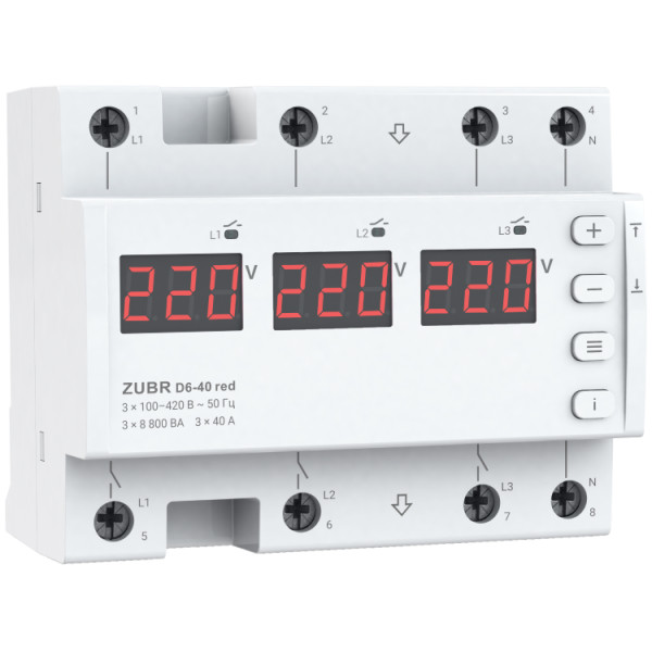 Реле напряжения трехфазное ZUBR D6-40 red
